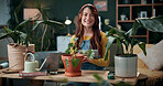 Portrait, gardening and woman with tablet in home for potted plant, blog and growth for horticulture. Feng shui, botany and gardener with tech for eco friendly, decoration and organic living room