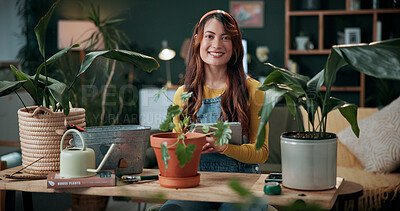 Buy stock photo Portrait, gardening and woman with tablet in home for potted plant, blog and growth for horticulture. Feng shui, botany and gardener with tech for eco friendly, decoration and organic living room