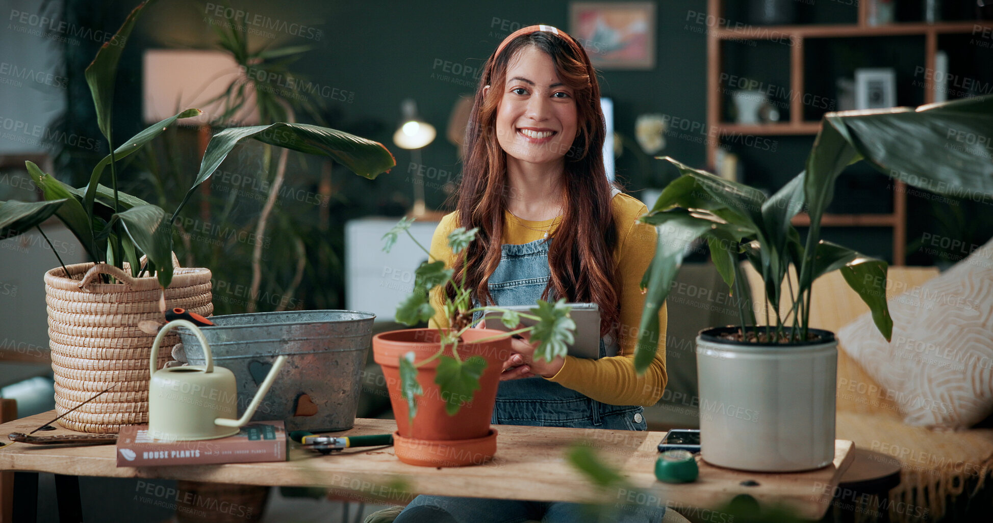 Buy stock photo Portrait, gardening and woman with tablet in home for potted plant, blog and growth for horticulture. Feng shui, botany and gardener with tech for eco friendly, decoration and organic living room