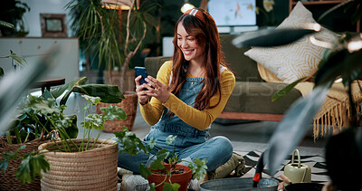 Buy stock photo Picture, plants or woman in home with phone, greenery review or gardening blog in remote work. Happy, freelancer or journalist with tech, horticulture or growth photography for botanical article.