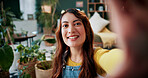 Selfie, botany and woman with portrait in home for potted plant, blog and growth for horticulture. Feng shui, influencer and gardener for social media with eco friendly, decoration and organic lounge