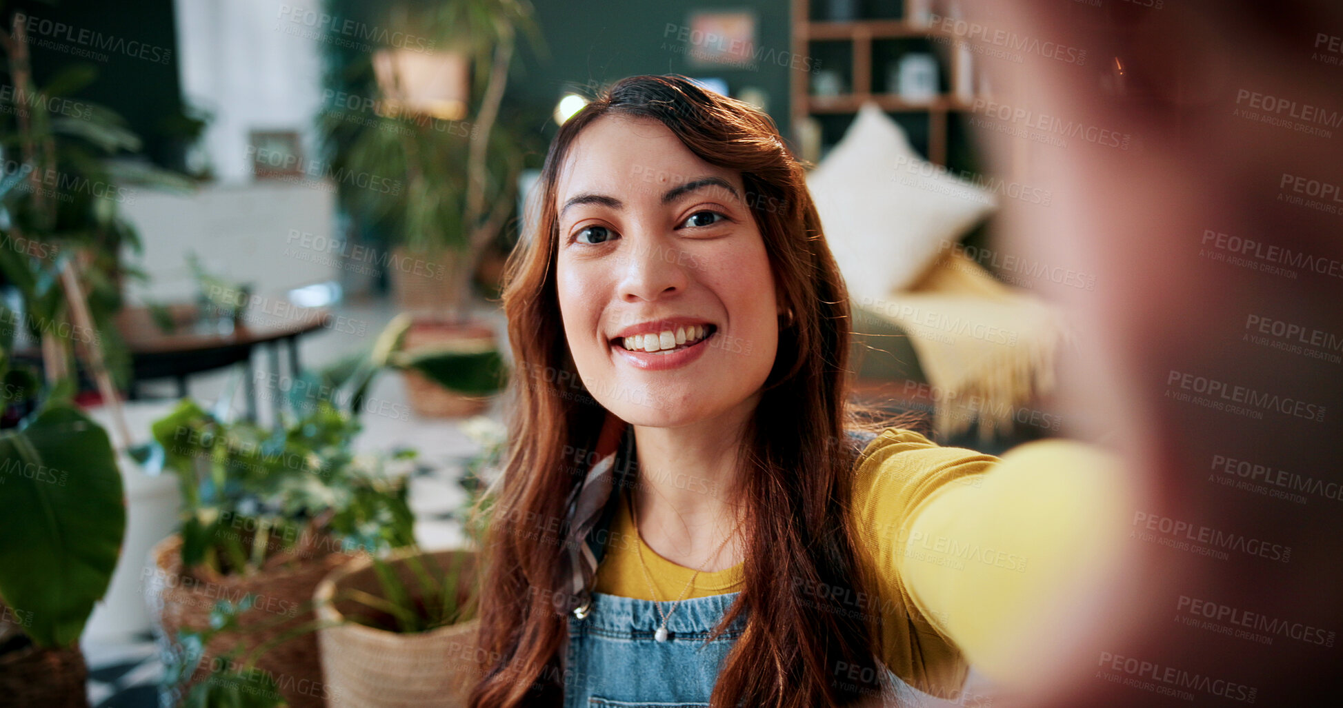 Buy stock photo Selfie, botany and woman with portrait in home for potted plant, blog and growth for horticulture. Feng shui, influencer and gardener for social media with eco friendly, decoration and organic lounge