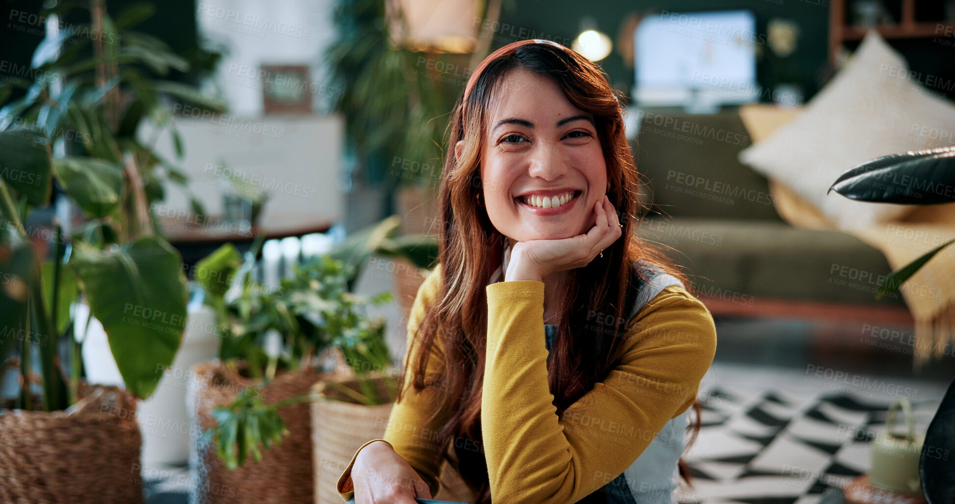 Buy stock photo Portrait, gardener and woman with potted plant in home with nature, fertilizer and growth or horticulture. Feng shui, botany and hobby with smile for eco friendly, decoration and organic living room