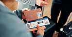 Business, airport and hands of people with ticket in lounge for work trip, conference and travel. Team, above and man with boarding pass, luggage and flight info for journey, departure and schedule