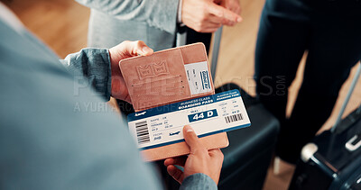 Buy stock photo Business, airport and hands of people with ticket in lounge for work trip, conference and travel. Team, above and person with boarding pass, luggage and flight info for booking, departure or schedule