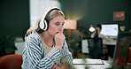 Headphones, woman and stress with laptop in office for ad rejection, bad client feedback or nervous. Coworking, music and media buyer with worry for budget mistake, campaign loss and marketing crisis