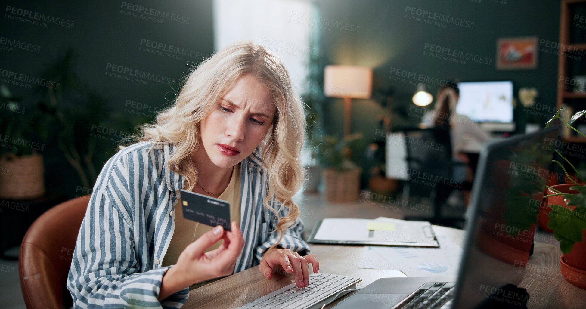 Buy stock photo Credit card, confused and woman with laptop in agency for online shopping, ecommerce and error. Digital payment, banking website and person in office for coworking, transaction mistake or debit issue