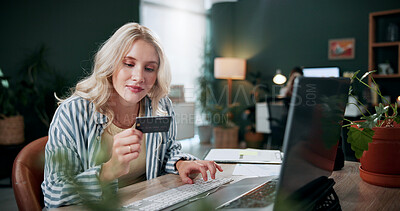 Buy stock photo Credit card, laptop and typing with woman in agency for online shopping, ecommerce and sale. Digital payment, banking website and person in office for coworking, transaction or debit subscription