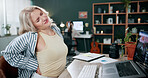 Back pain, frustrated and woman in office with laptop, joint injury or burnout with muscle strain. Bad posture, ache or employee in agency with tech, pressure and fatigue with spine discomfort.