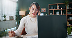 Phone call, laptop and freelancer with woman in home office for graphic design portfolio, contact and research. Web designer startup, communication and virtual consultant with person in apartment