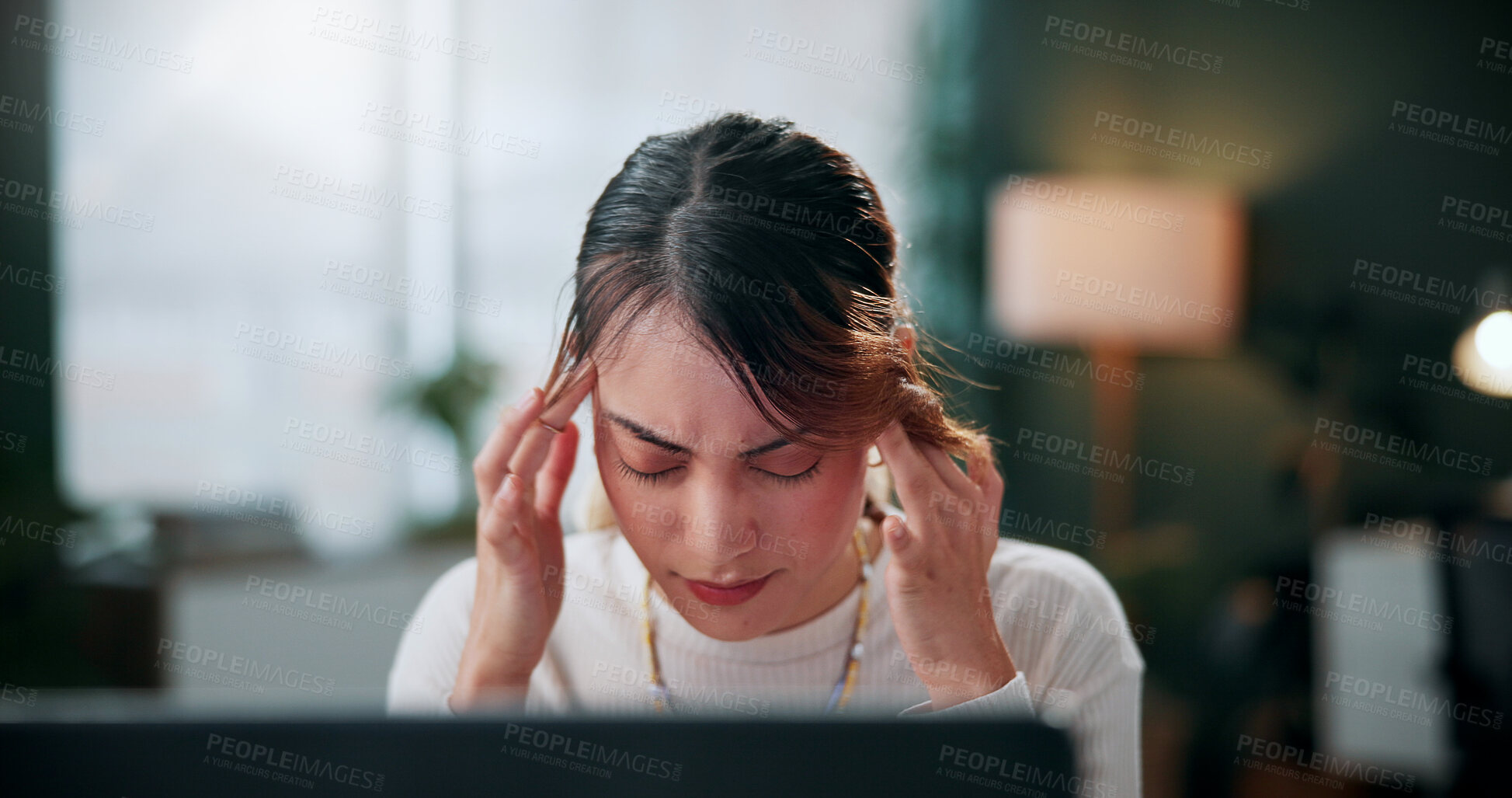 Buy stock photo Pain, woman and laptop with headache in office for campaign stress, project workload and burnout. Tech, media buyer and tension migraine at marketing agency for ad challenge, brain fog and overworked