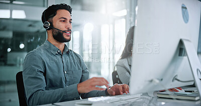 Buy stock photo Call center, computer and talk with business man in office for contact us, troubleshooting and help desk, Customer support, coworking and tech hotline with person in agency for consulting and chat