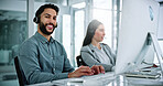 Computer, headset and portrait of call center consultant in office with crm or sales consultation. Happy, mic and male telemarketing agent with omnichannel system for online advisory in workplace.