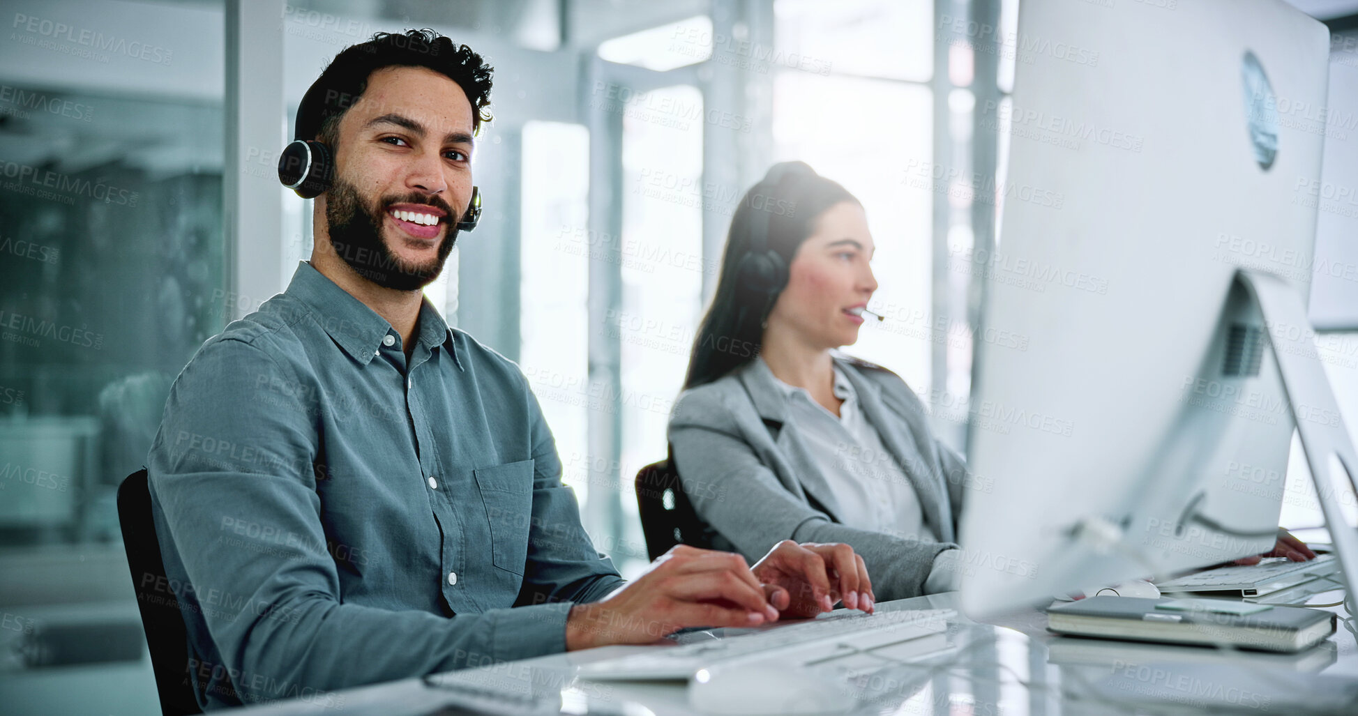 Buy stock photo Computer, headset or portrait of call center consultant in office with crm or sales consultation. Coworking, mic or happy telemarketing agent with omnichannel system for online advisory in workplace.