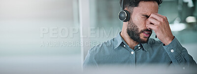 Buy stock photo Headset, agent and headache of eye strain in call center for difficult client, burnout and tired. Customer service, banner or man with tension migraine for vision fatigue, workload pressure or space