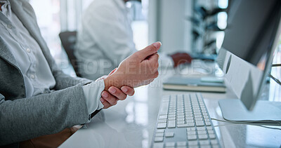 Buy stock photo Hands, wrist pain or business person in office, joint inflammation or project pressure for tension. Computer, sprain or employee with carpal tunnel for discomfort, swollen muscle or proposal deadline