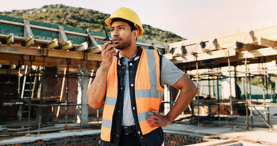 Buy stock photo Talking, outdoor and man with radio on construction site for contact, feedback and planning. Architecture, engineer and person with communication for building update, instructions and infrastructure