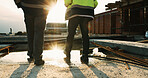 Legs, walk and people in construction for site inspection, building progress or project management. Flare, feet and supervisor team outdoor for renovation compliance, urban development or maintenance