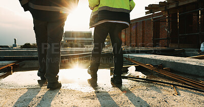 Buy stock photo Legs, walk and people in construction for site inspection, building progress or project management. Flare, feet and supervisor team outdoor for renovation compliance, urban development or maintenance