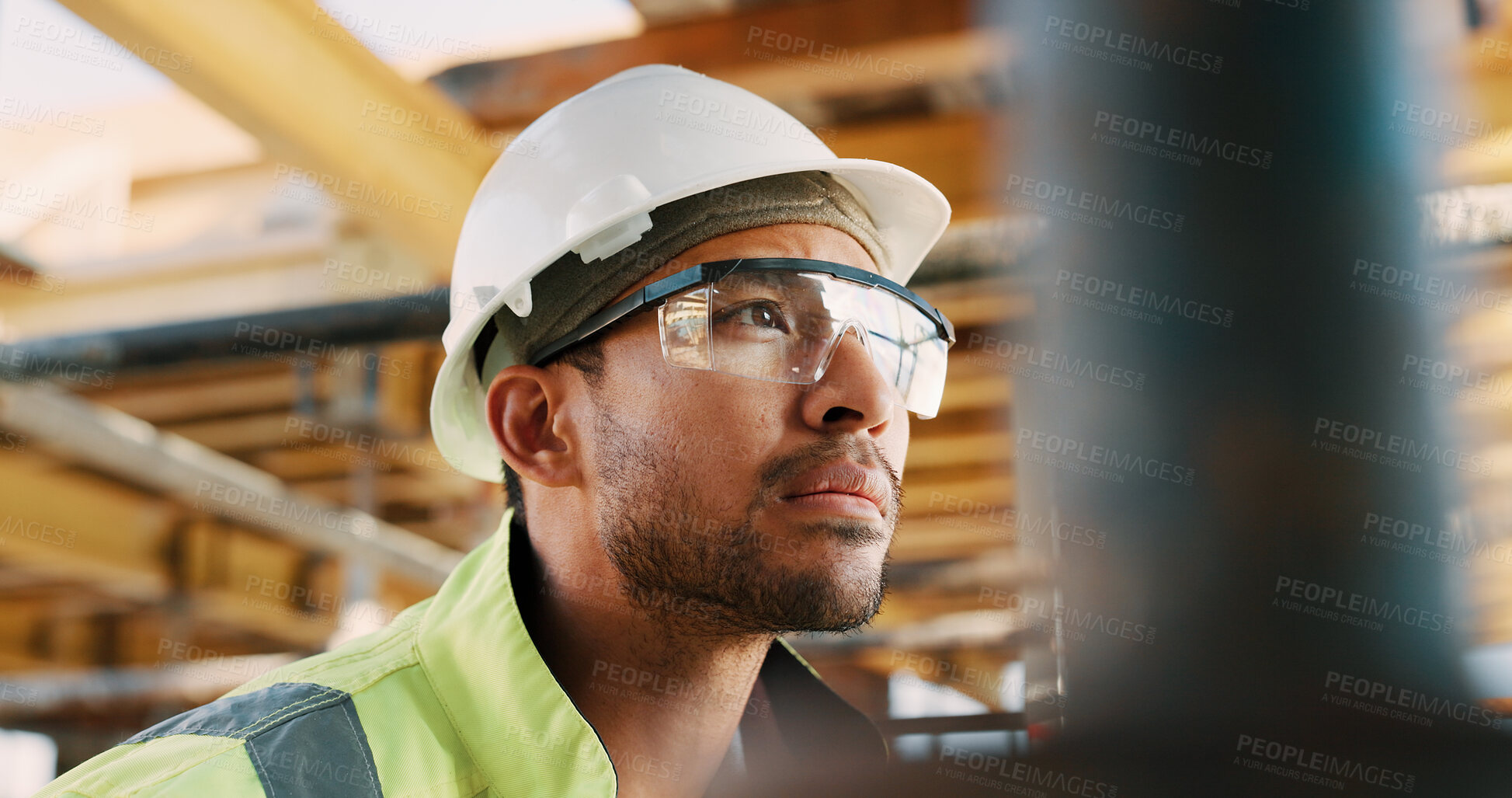 Buy stock photo Construction, man and thinking with goggles on site for building progress, property vision or safety. PPE, foreman and reflection outdoor for renovation inspection, risk assessment or quality control