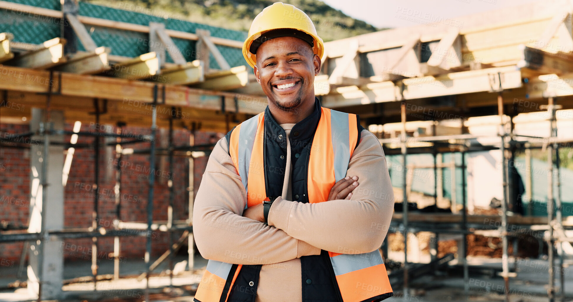 Buy stock photo Crossed arms, happy and portrait of black man on construction site for infrastructure career. Architecture, contractor and confident person with ppe for safety compliance, building project and pride