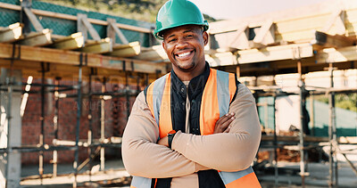 Buy stock photo Crossed arms, building and portrait of black man on construction site for infrastructure career. Architecture, contractor and happy person with ppe for safety compliance, renovation project and pride