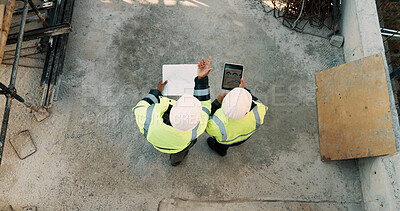 Buy stock photo People, architect and team with tablet or blueprint on construction site for building design. Top view, contractor or civil engineer with technology or floor layout for architecture or planning