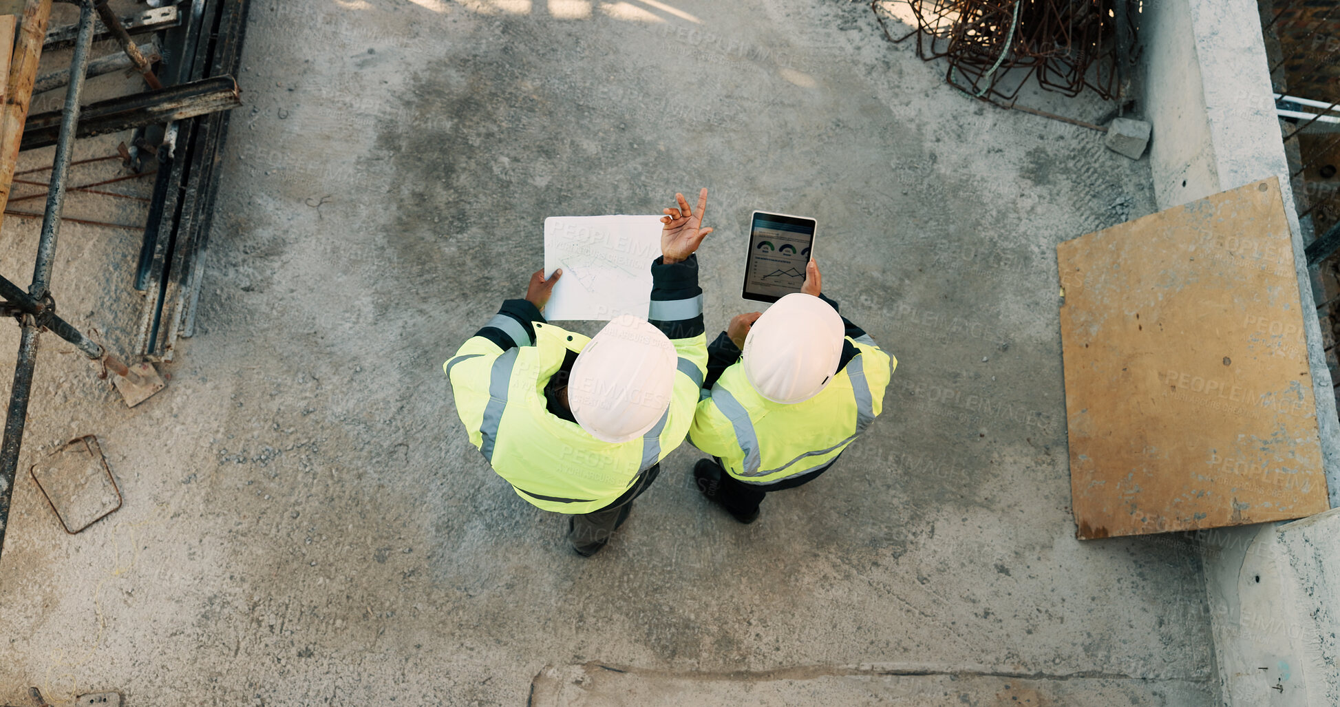 Buy stock photo People, architect and team with tablet or blueprint on construction site for building design. Top view, contractor or civil engineer with technology or floor layout for architecture or planning