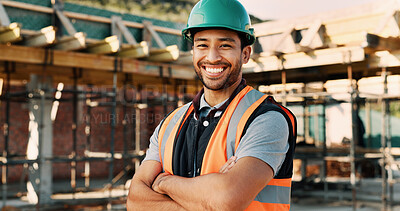 Buy stock photo Happy, crossed arms and portrait of man with construction career, confidence and building project. Architecture, contractor and person with ppe for safety compliance, infrastructure and engineering
