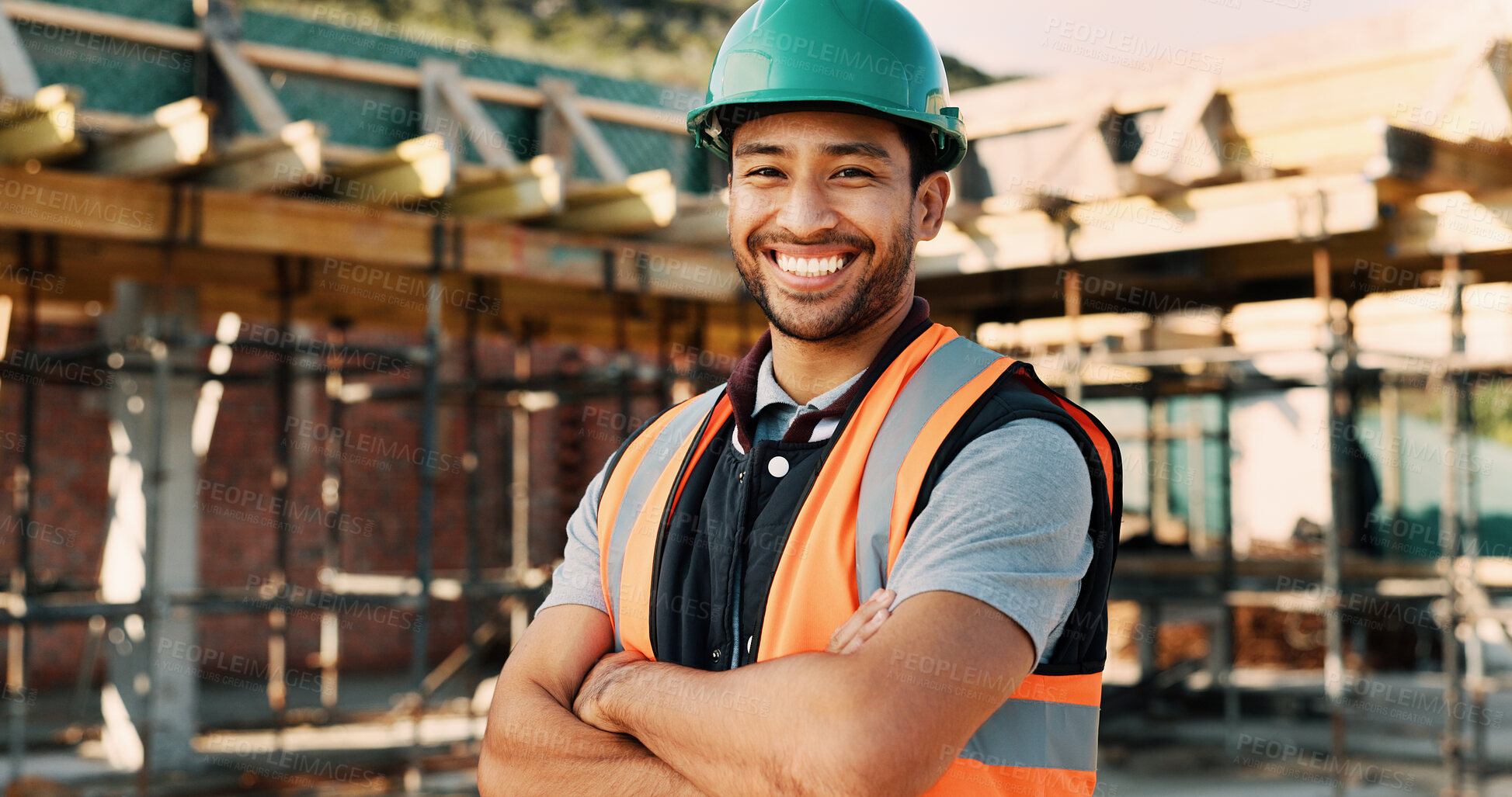 Buy stock photo Happy, crossed arms and portrait of man with construction career, confidence and building project. Architecture, contractor and person with ppe for safety compliance, infrastructure and engineering