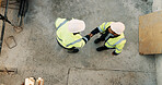 Construction, men and handshake with agreement on site for safety approval, inspection or above. Collaboration, architect or project manager shaking hands for b2b deal, compliance pass or development
