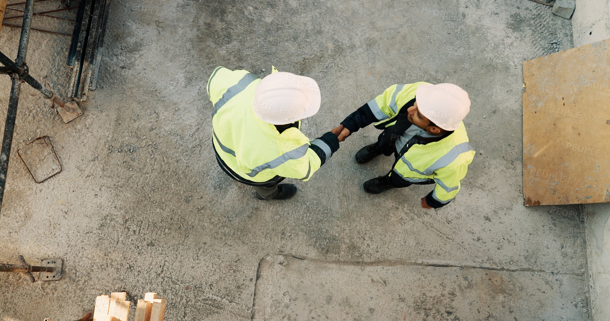 Buy stock photo Construction, men and handshake with agreement on site for safety approval, inspection or above. Collaboration, architect or project manager shaking hands for b2b deal, compliance pass or development