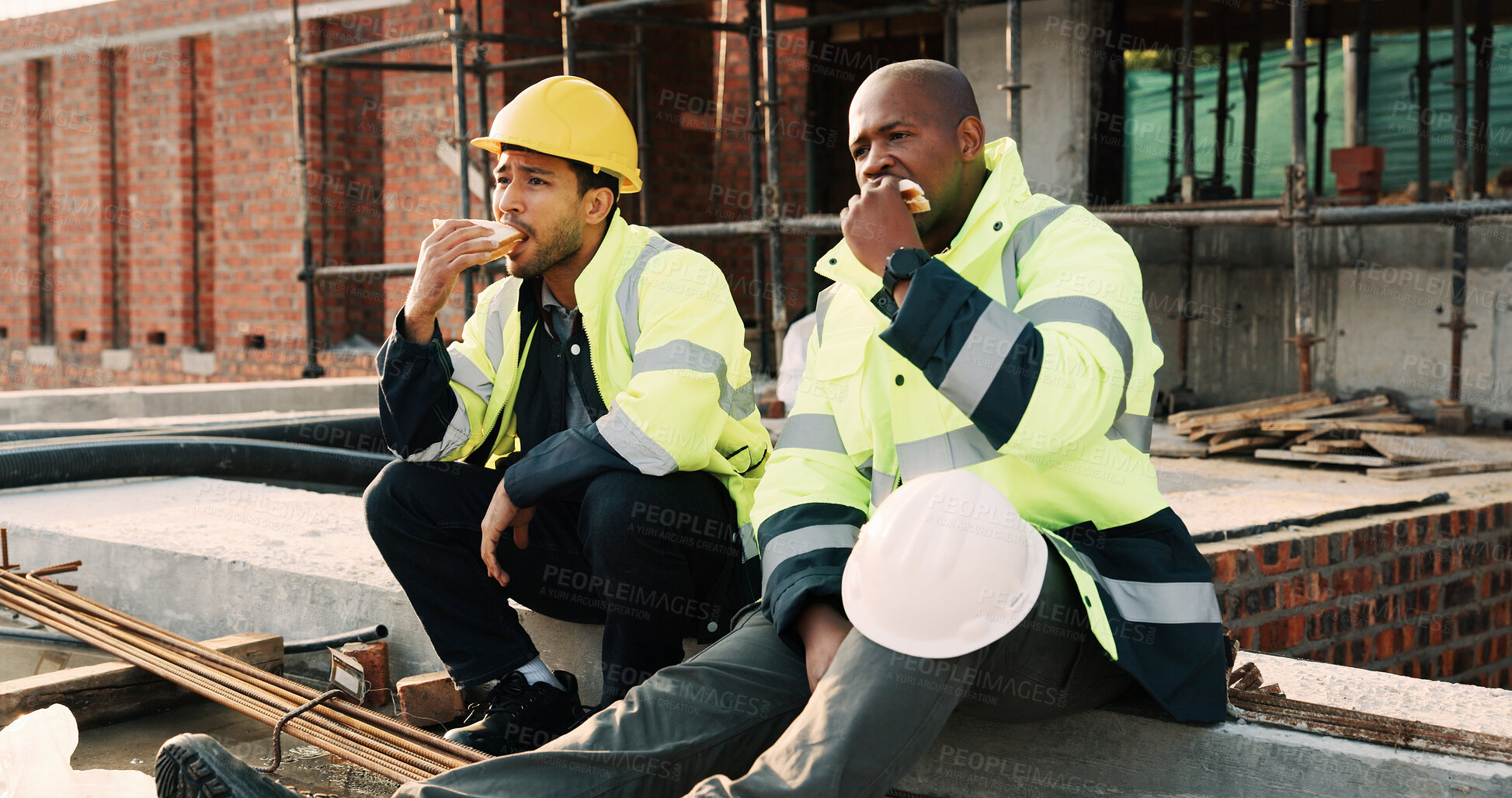 Buy stock photo Construction, men and team eating on site for work break, nutrition and rest from manual labor. Civil engineering, people and sandwich outdoor for lunch, hungry workers and relax with healthy meal