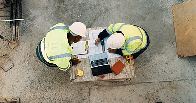 Buy stock photo Meeting, laptop and men with blueprint on construction site for planning, building project and teamwork. Architecture, discussion and above of people for renovation, layout or infrastructure design