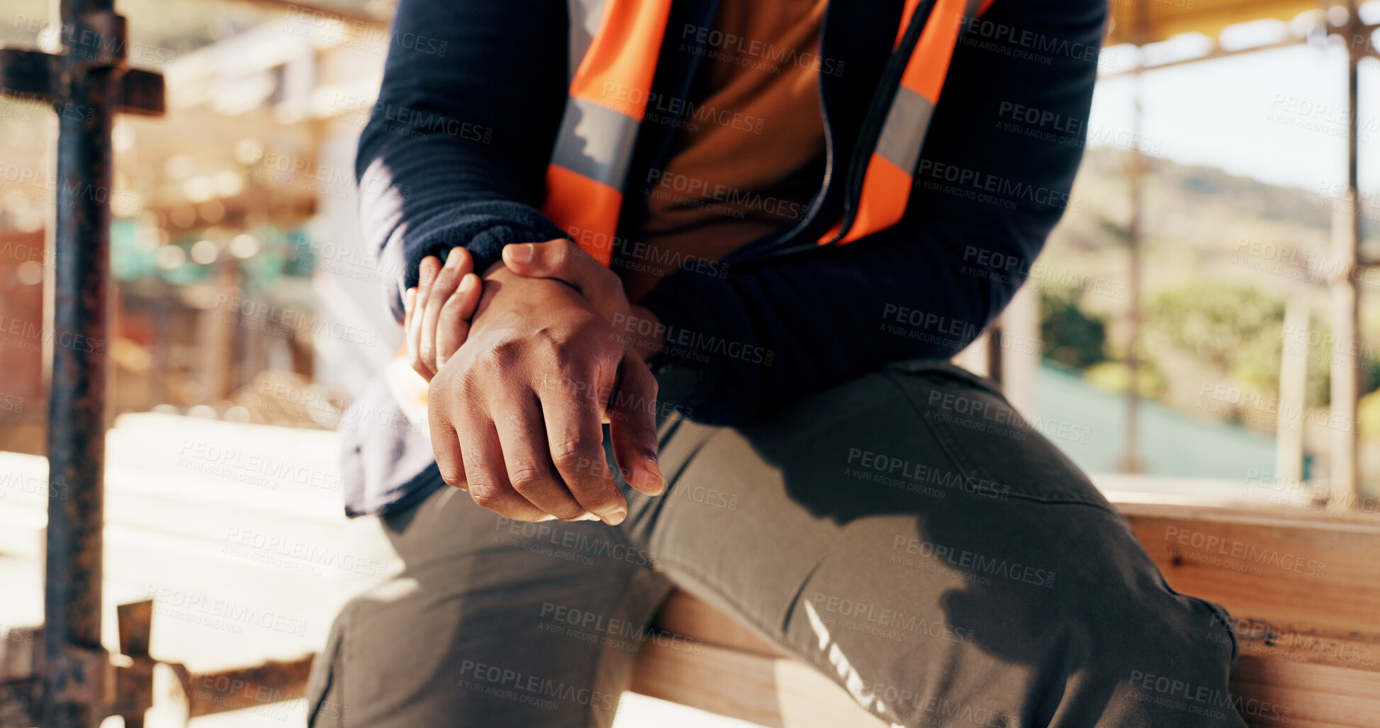 Buy stock photo Construction, hands and man with wrist pain on site for physical strain, arthritis or work accident. Worker cramp, person and muscle fatigue outdoor from manual labor, tender joint or injury on duty
