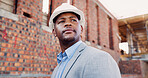 Construction site, thinking and black man for inspection, engineer or contractor for quality control. Safety, risk assessment and person with project, expansion and property renovation or development