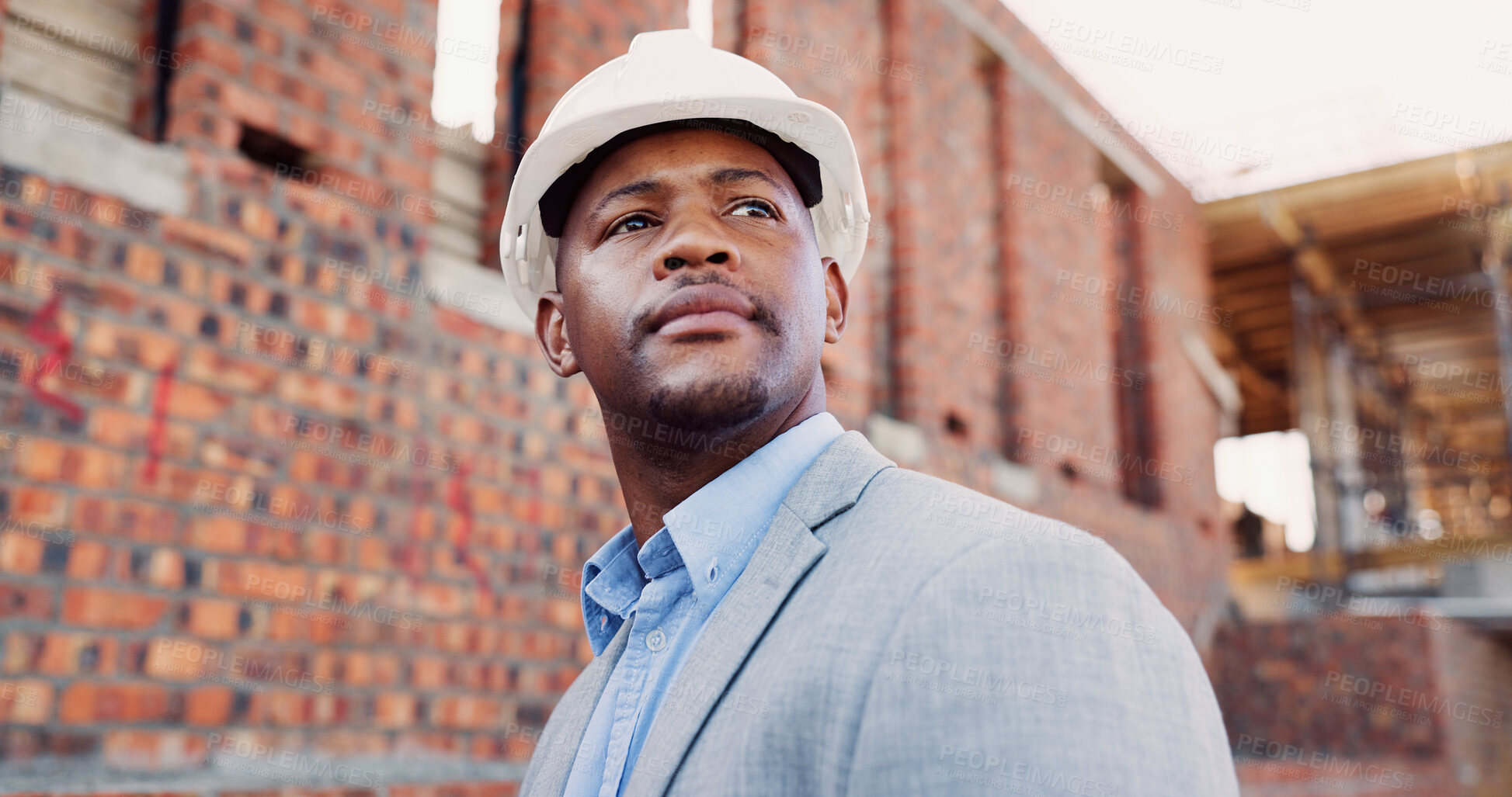 Buy stock photo Construction site, thinking and black man for inspection, planning or contractor for quality control. Safety, risk assessment and person for project, reflection and property renovation or development