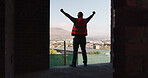 Back, construction and worker celebration on site for inspection pass, building safety or success. Project manager, proud man and fist pump for development progress, structural approval and milestone