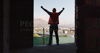 Buy stock photo Back, construction and worker celebration on site for inspection pass, building safety or success. Project manager, proud man and fist pump for development progress, structural approval and milestone