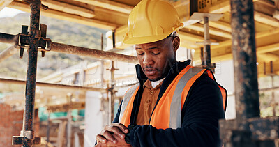Buy stock photo Watch, black man and construction worker on site with time management for renovation deadline. Professional, building schedule and African male civil engineer with late for property maintenance.