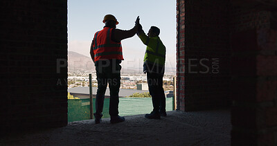 Buy stock photo Happy, high five and men in building with construction progress, support and celebrate for project. Architecture, collaboration and people with gesture for success with infrastructure or renovation