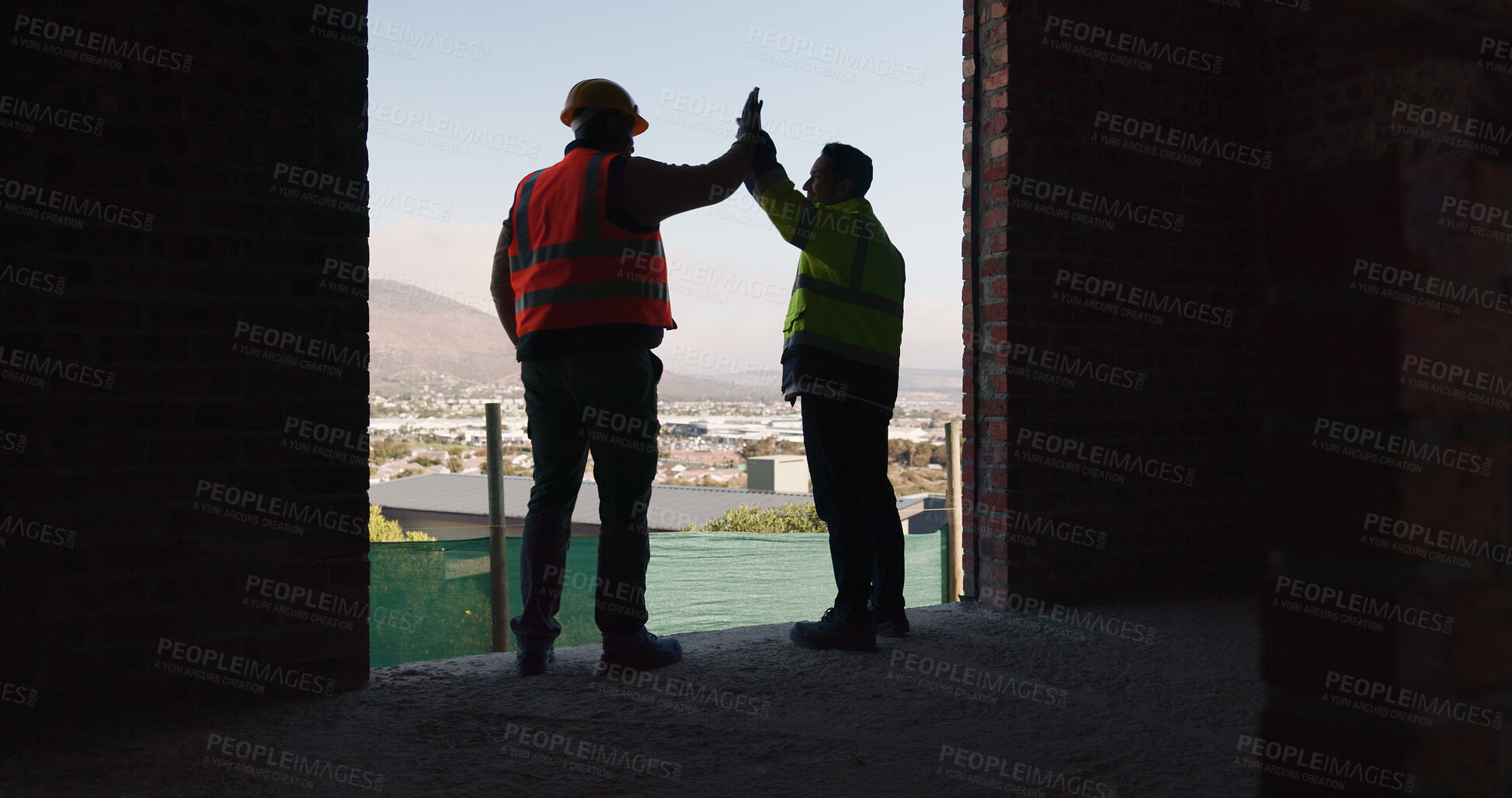 Buy stock photo Happy, high five and men in building with construction progress, support and celebrate for project. Architecture, collaboration and people with gesture for success with infrastructure or renovation