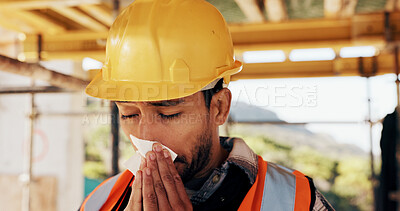 Buy stock photo Architect, sick or man blowing nose with tissue for influenza, disease or virus on construction site. Male person, contractor or civil engineer with cold or flu symptom for hayfever, sinus or allergy