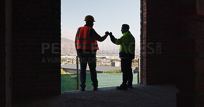 Buy stock photo Construction, men or fist bump for success on site for inspection pass, building safety or space. Project manager, architect and celebration for renovation compliance, structural approval or good job