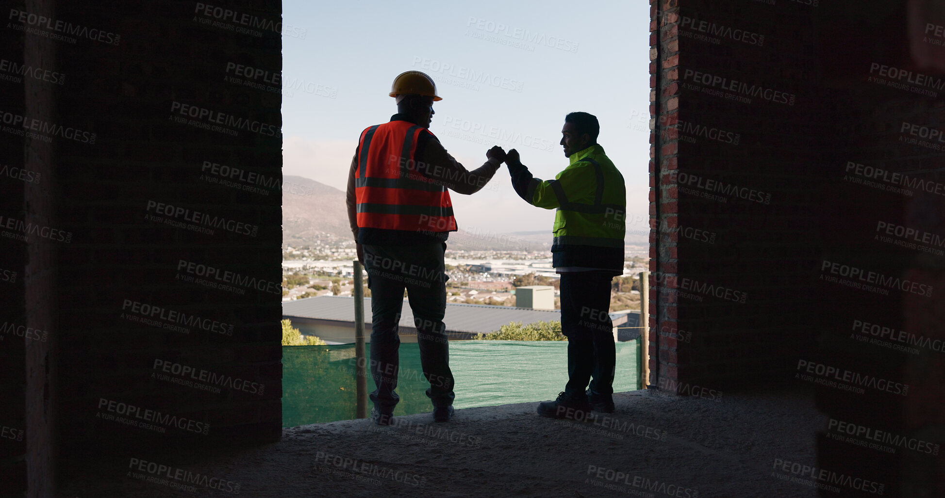 Buy stock photo Construction, men or fist bump for success on site for inspection pass, building safety or space. Project manager, architect and celebration for renovation compliance, structural approval or good job