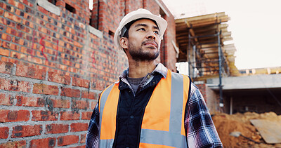 Buy stock photo Construction site, thinking and man with inspection, expansion and contractor for quality control. Safety, risk assessment and person with project, reflection and property renovation or development