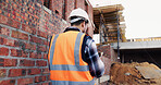 Construction, man or walk with tablet on site for building inspection, masonry safety or compliance. Back, foreman or tech outdoor for quality assurance, development progress or maintenance checklist