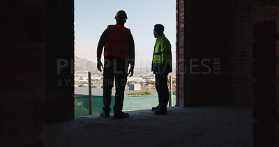Buy stock photo Building, team and men on construction site for talking, discussion and conversation for renovation. Architecture, contractor and people with ppe in meeting for planning, collaboration and feedback