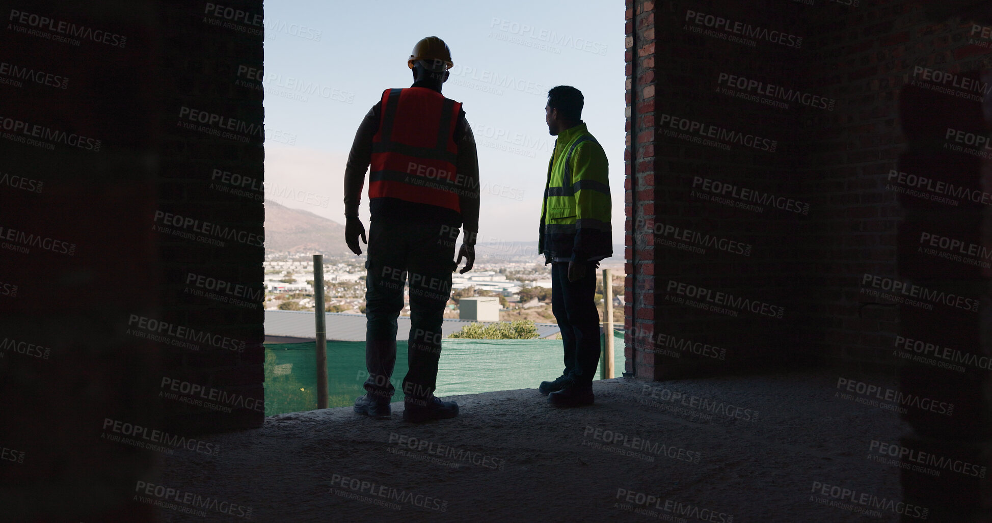Buy stock photo Building, team and men on construction site for talking, discussion and conversation for renovation. Architecture, contractor and people with ppe in meeting for planning, collaboration and feedback