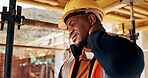 Construction, injury and black man with neck pain for accident, stress and tension at building site. Architecture, engineering and person with pressure for fibromyalgia, muscle sprain and overworked